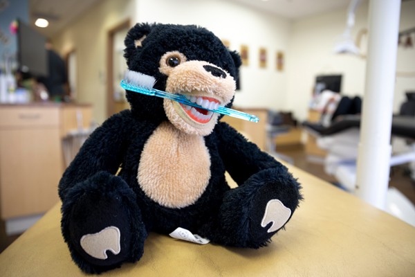 Plush bear holding toothbrush at dental office.