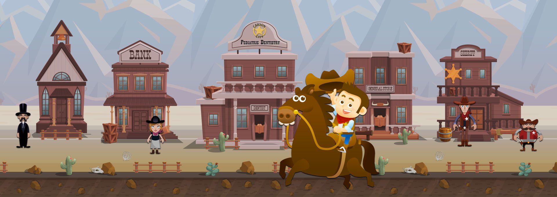 Cartoon cowboy riding horse in Wild West town scene.